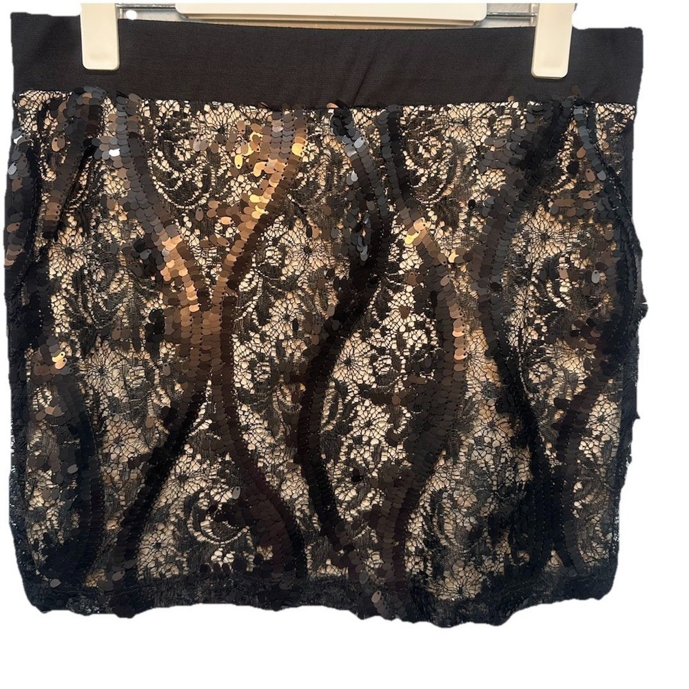 IZ BYER Mini Skirt Size XL Front Black Lace Sequins Elastic Waist Lining Stretch